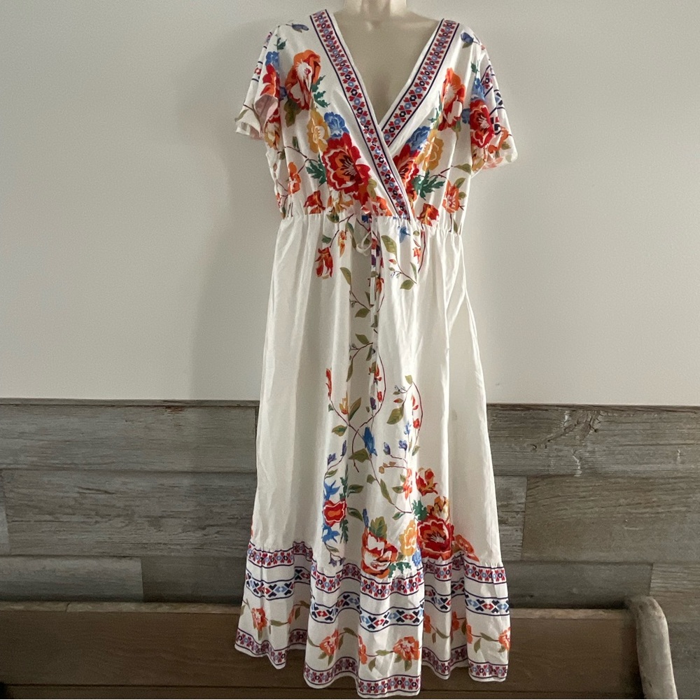 SHEIN Vacation Floral Print Overlap Collar Flutter Sleeve Tie Front Dress Sz XL